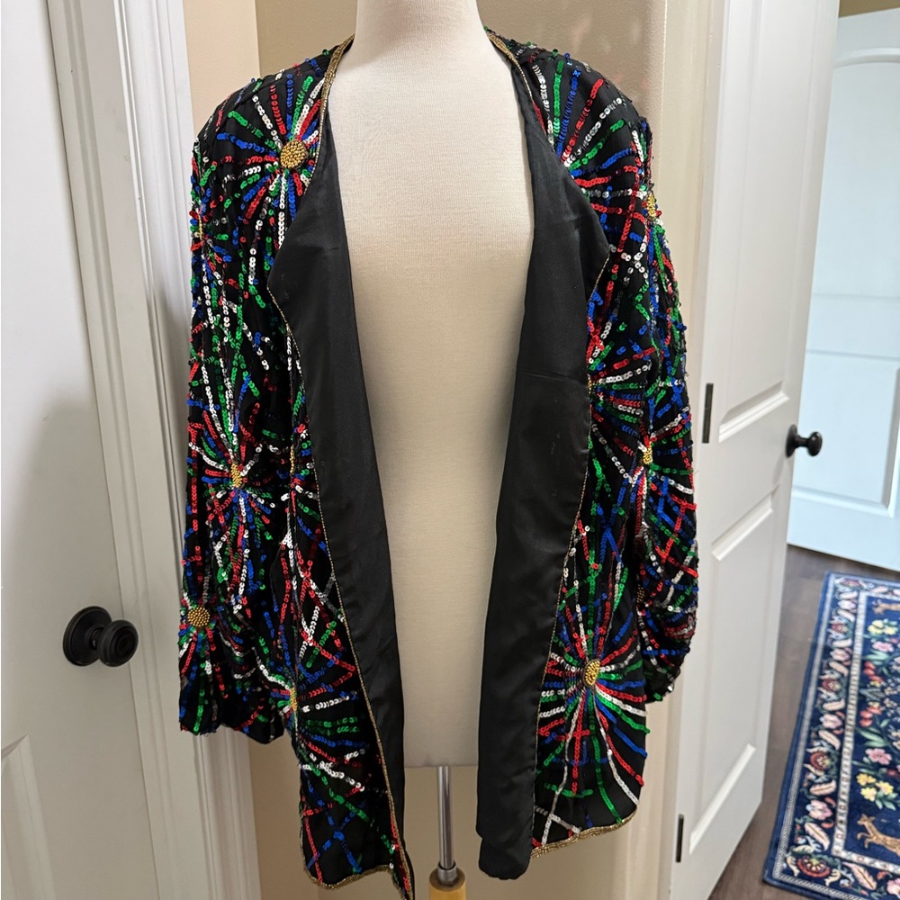 GORGEOUS! 100% Silk Embellished Black Sequin Open-Front Jacket